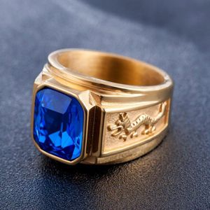 Retro Square Gemstone Carved Dragon Totem Signet Titanium Steel Ring for Men  US Size: 9  Diameter: 19mm  Perimeter: 59.8mm(Dark Blue)