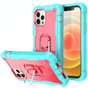 PC + Rubber 3-layers Shockproof Protective Case with Rotating Holder For iPhone 12 Mini(Mint Green + Rose Red)