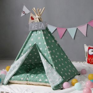 Cotton Canvas Pet Tent Cat and Dog Bed with Cushion  Specification: Large 60×60×70cm(Green Triangle)