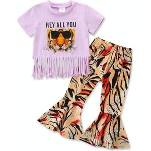 Girls Short-sleeved Fringed Blouse And Floral Pants Two-piece Suit (Color:Purple Size:80)