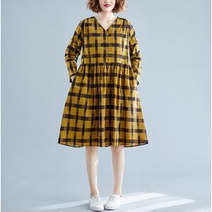 Large Size Loose Looking Thin Western Style Mid-length Plaid Dress (Color:Yellow Size:L)