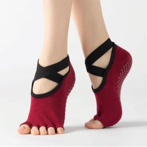 Lace Yoga Sokken Non-Slip Five Finger Sports Cotton Socks Fashion Open Toe Dance Sokken  Maat: One Size (Red Wine)