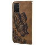 Voor Samsung Galaxy S20+ Retro Skin Voel vlinders in relif horizontale flip lederen hoes met Holder & Card Slots & Wallet(Brown)