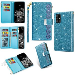 For Samsung Galaxy A71 Multi-card Slots Starry Sky Laser Carving Glitter Zipper Horizontal Flip Leather Case with Holder & Wallet & Lanyard(Sky Blue)
