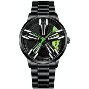 Fngeen L001 motorfietselement roterende hub metalen mannen horloge (zwart staal groen oppervlak)