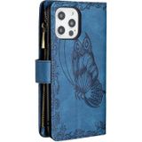 For iPhone 12 Pro Flying Butterfly Embossing Pattern Zipper Horizontal Flip Leather Case with Holder & Card Slots & Wallet(Blue)