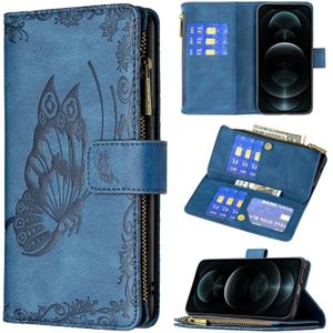 For iPhone 12 Pro Flying Butterfly Embossing Pattern Zipper Horizontal Flip Leather Case with Holder & Card Slots & Wallet(Blue)