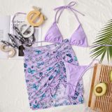 3 in 1 Lace-up Halter Backless Bikini Ladies Split Swimsuit Set with Butterfly Pattern Mesh Short Skirt (Color:Purple Size:S)
