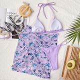 3 in 1 Lace-up Halter Backless Bikini Ladies Split Swimsuit Set with Butterfly Pattern Mesh Short Skirt (Color:Purple Size:S)