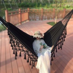 Tassel Hammock Double Canvas Hammock Outdoor Indoor Photography Props  Specification:200x150cm Black