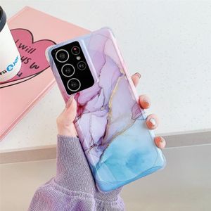 Four Corners Anti-Shattering Flow Gold Marble IMD Phone Back Cover Case For Samsung Galaxy Note20 Ultra(Purple Blue DL3)