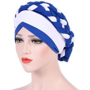Two-color Braided Milk Silk Turban Cap  Size:M?56-58cm?(Royal Blue + White)