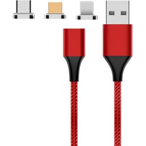 M11 3 in 1 3A USB to 8 Pin + Micro USB + USB-C / Type-C Nylon Braided Magnetic Data Cable  Cable Length: 2m (Red)
