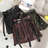 2 PCS Flower Skirt Skirt Chic PU Leather Tooling Zipper A Word Skirt with Belt  Size: M(Wine Red)