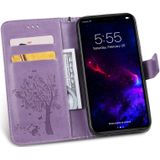 Tree & Cat Pattern Pressed Printing Horizontal Flip PU Leather Case with Holder & Card Slots & Wallet & Lanyard For iPhone 11(Light Purple)