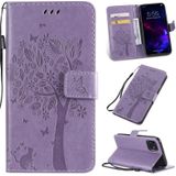 Tree & Cat Pattern Pressed Printing Horizontal Flip PU Leather Case with Holder & Card Slots & Wallet & Lanyard For iPhone 11(Light Purple)