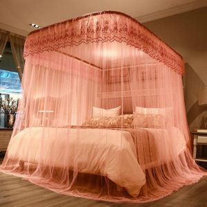 U-shaped Guide Rail Retractable Three-door Mosquito Net  Size:200x220 cm(Pink)