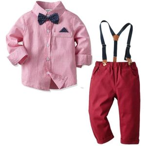 Boys Striped Shirt + Suspenders Trousers Suit (Color:Pink Size:90)