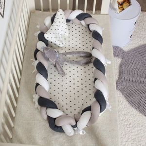 Cotton Woven Folding Portable Crib Bed Bionic Removable and Washable Manual Fence Three-dimensional Protective Crib(White Coffee Black)