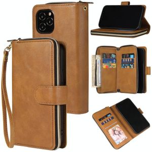For iPhone 12 Pro Max Zipper Wallet Bag Horizontal Flip PU Leather Case with Holder & 9 Card Slots & Wallet & Lanyard & Photo Frame(Brown)