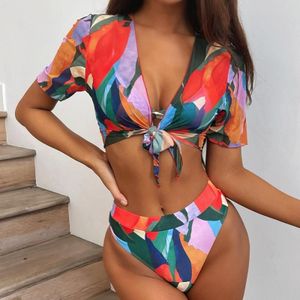 3 in 1 Square Print Bikini Ladies Split Swimsuit Set with Short Top (Color:Red Size:S)