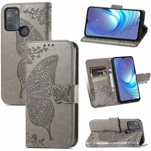 For Motorola Moto G50 Butterfly Love Flowers Embossed Horizontal Flip Leather Case with Holder & Card Slots & Wallet & Lanyard(Grey)