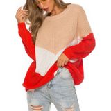 Hinged Knit Net Stitching Loose Sweater Round Neck Bottoming Shirt for Women (Color:Red Size:S)