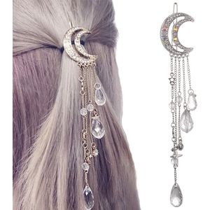 Fashion Elegant Women Lady Moon Rhinestone Crystal Tassel Long Chain Beads Dangle Hairpin Hair Clip Hair Jewelry(Silver)