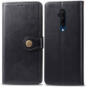 For One Plus 7T Pro Retro Solid Color Leather Buckle Phone Case with Lanyard & Photo Frame & Card Slot & Wallet & Stand Function(Black)