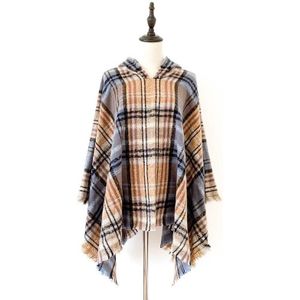 Spring Autumn Winter Checkered Pattern Hooded Cloak Shawl Scarf  Length (CM): 135cm(DP-02 Turmeric)