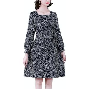 Retro Jacquard Puff Sleeve Mid-Length Dress (Color: As Show Grootte: M)