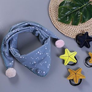 Autumn And Winter Boys And Girls Cotton Lace Edge Wild Warm Triangle Scarf With Fur Balls  Length (CM): 80-100cm(Sky Blue Star)