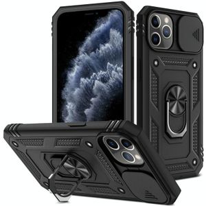 Sliding Camera Cover Design TPU + PC Protective Case with 360 Degree Rotating Holder & Card Slot For iPhone 11 Pro Max(Black+Black)