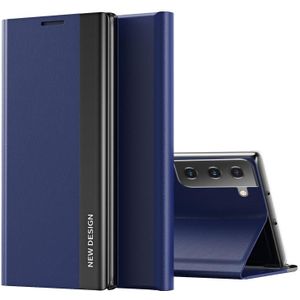 For Samsung Galaxy S21 FE Side Electroplated Magnetic Ultra-Thin Horizontal Flip Leather Case with Holder(Dark Blue)