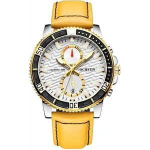 Ochstin 6045A multifunctioneel quartz lichtgevend echt leer herenhorloge (goud + geel)