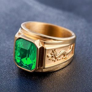 Retro Square Gemstone Carved Dragon Totem Signet Titanium Steel Ring for Men  US Size: 8  Diameter: 18.2mm  Perimeter: 57mm(Green)