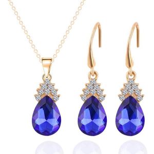 Fashion Diamond Ladies Crystal Zircon Drop Necklace Earring Set(Blue)