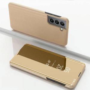 Voor Samsung Galaxy S22 Plus 5G Geplated Spiegel Horizontale Flip Leren Case met Houder (Goud)