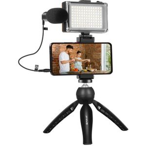 PULUZ Live Broadcast Smartphone Video Light Vlogger Kits with Microphone + LED Light + Tripod Mount + Phone Clamp Holder (Black)