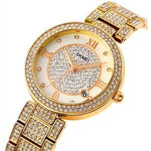 SKMEI 1739 Diamond Roman Numerals Round Dial Quartz Watch for Ladies(Gold)
