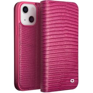 Qialino kleine krokodil textuur horizontale flip lederen tas met houder & kaart slots & portefeuille voor iphone 13 (Rose rood)