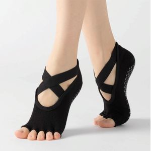 Lace Yoga Sokken Non-Slip Five Finger Sports Cotton Socks Fashion Open Toe Dance Sokken  Maat: One Size(Black)
