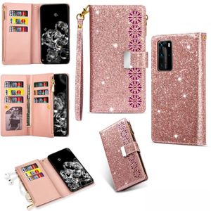 For Huawei P40 / P40 Pro Multi-card Slots Starry Sky Laser Carving Glitter Zipper Horizontal Flip Leather Case with Holder & Wallet & Lanyard(Rose Gold)
