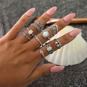 11 PCS/Set Bohemian Retro Totems Opal Lotus Crystal Hollow Ring Set