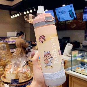 Cartoon Girl Straw Cup Fresh Frosted Gradient Scale Plastic Cup Portable Cup  Capacity: 600ml(Pink)