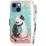 Voor iPhone 15 Plus 3D gekleurde horizontale flip lederen telefoonhoes (zwart-witte kat)