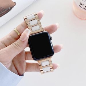 Three Beads Ceramics Steel Replacement Strap Watchband For Apple Watch Series 7 & 6 & SE & 5 & 4 44mm  / 3 & 2 & 1 42mm(Rose Gold+White)