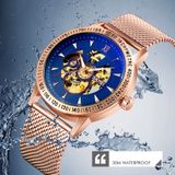 SKMEI 9216 Men Skeleton Automatic Mechanical Watch Stainless Steel Band Luminous Watch(Rose Gold Shell Blue Noodle)