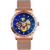 SKMEI 9216 Men Skeleton Automatic Mechanical Watch Stainless Steel Band Luminous Watch(Rose Gold Shell Blue Noodle)