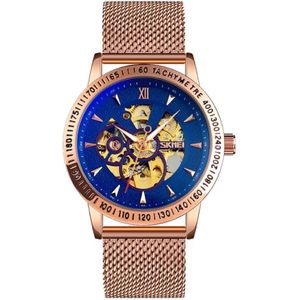 SKMEI 9216 Men Skeleton Automatic Mechanical Watch Stainless Steel Band Luminous Watch(Rose Gold Shell Blue Noodle)